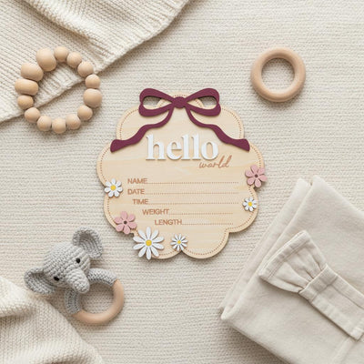 Berry Hello World Wooden Baby Birth Stats Sign Newborn Keepsake