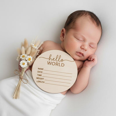 Hello World Baby Birth Announcement Sign, Personalized Wooden Newborn Keepsake