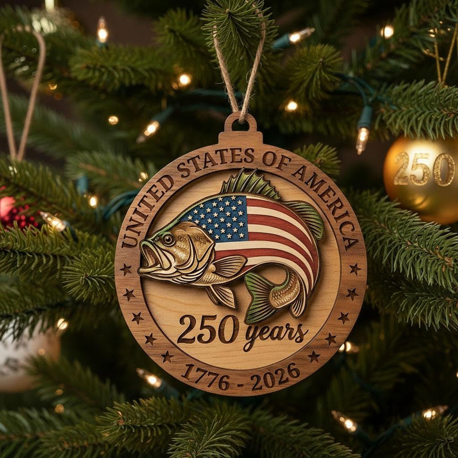 250th Anniversary Bass Fishing Ornament, US Semiquincentennial Gift for Fisherman, 1776-2026 Patriotic Fish Wood Keepsake Decor