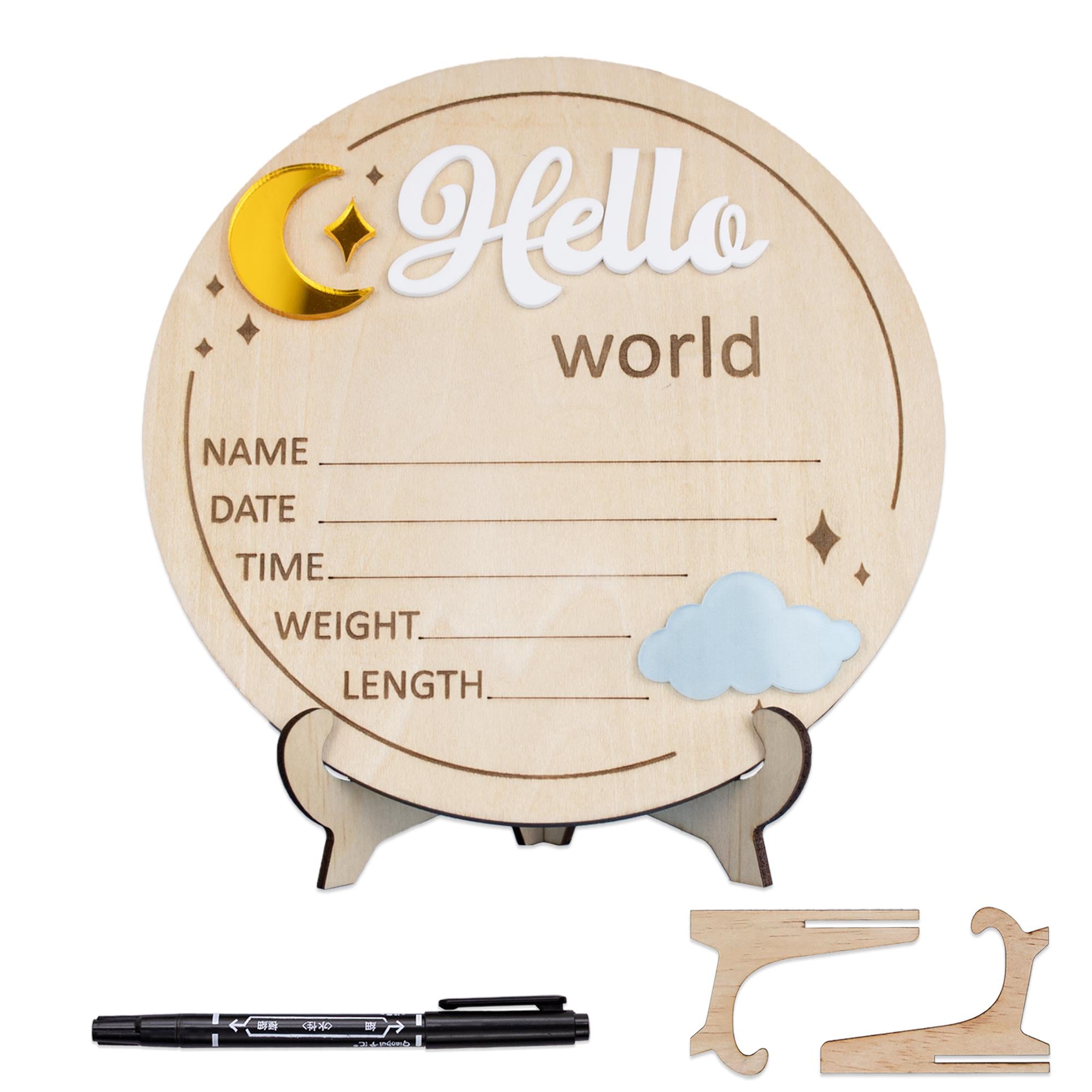 Hello World Birth Announcement Sign, Wooden Baby Name Reveal Sign, Sign For Baby Shower, Acrylic Moon and Cloud Newborn Photo Prop,Baby Sign