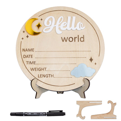 Hello World Birth Announcement Sign, Wooden Baby Name Reveal Sign, Sign For Baby Shower, Acrylic Moon and Cloud Newborn Photo Prop,Baby Sign
