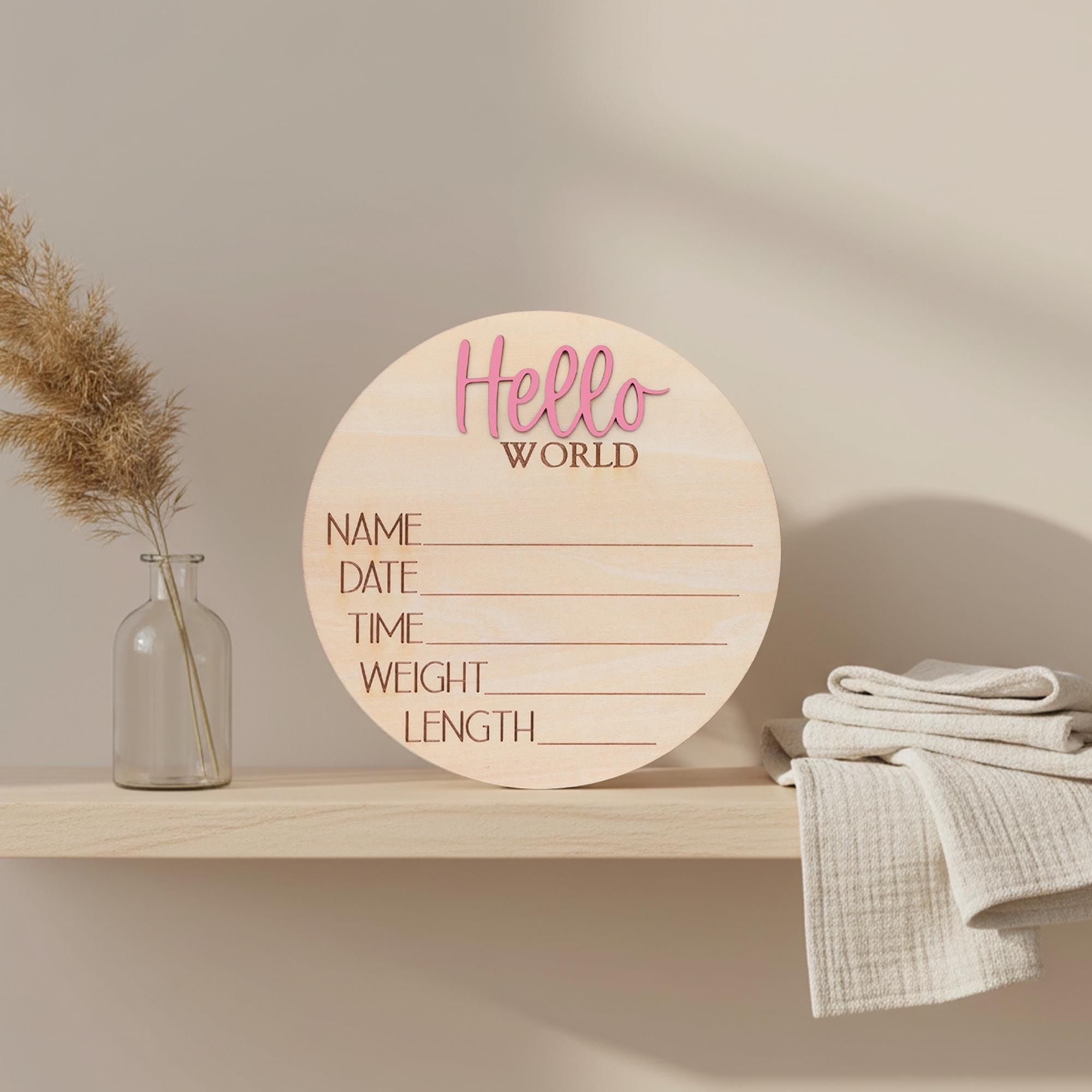 Hello World Baby Birth Stats Sign Personalized Wooden Newborn Announcement