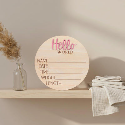 Hello World Baby Birth Stats Sign Personalized Wooden Newborn Announcement