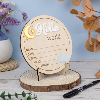 Hello World Birth Announcement Sign, Wooden Baby Name Reveal Sign, Sign For Baby Shower, Acrylic Moon and Cloud Newborn Photo Prop,Baby Sign