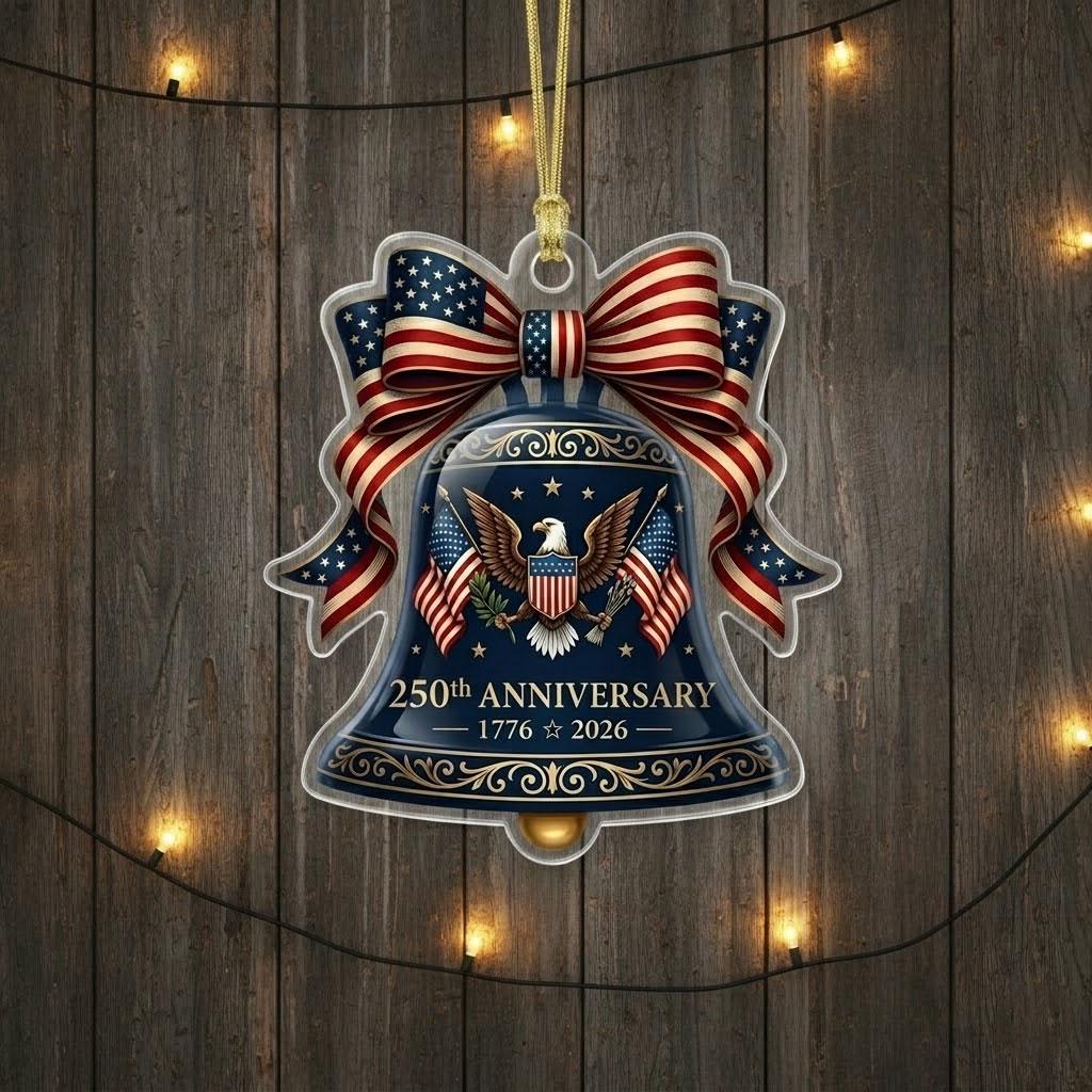 Semiquincentennial Gift 2026 USA 250th Anniversary Ornament Navy Blue Liberty Bell Patriotic Eagle Decor American Flag Bow