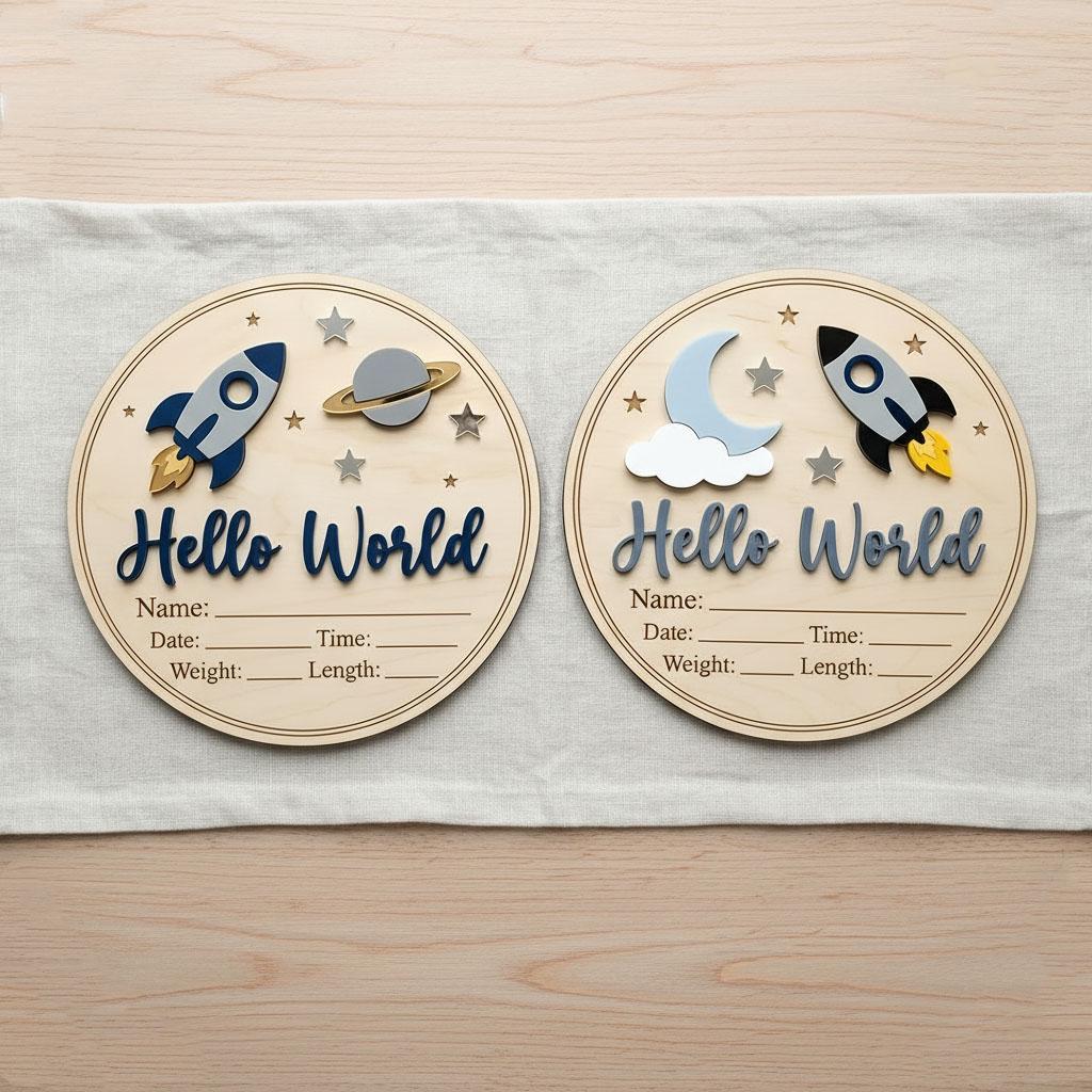 Blue Rocket Birth Stats Sign for Hospital | Round Wooden Newborn Name Plaque | Custom Baby Boy Announcement | Space Nursery Decor