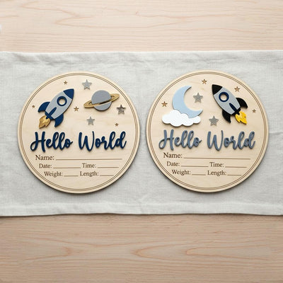 Blue Rocket Birth Stats Sign for Hospital | Round Wooden Newborn Name Plaque | Custom Baby Boy Announcement | Space Nursery Decor