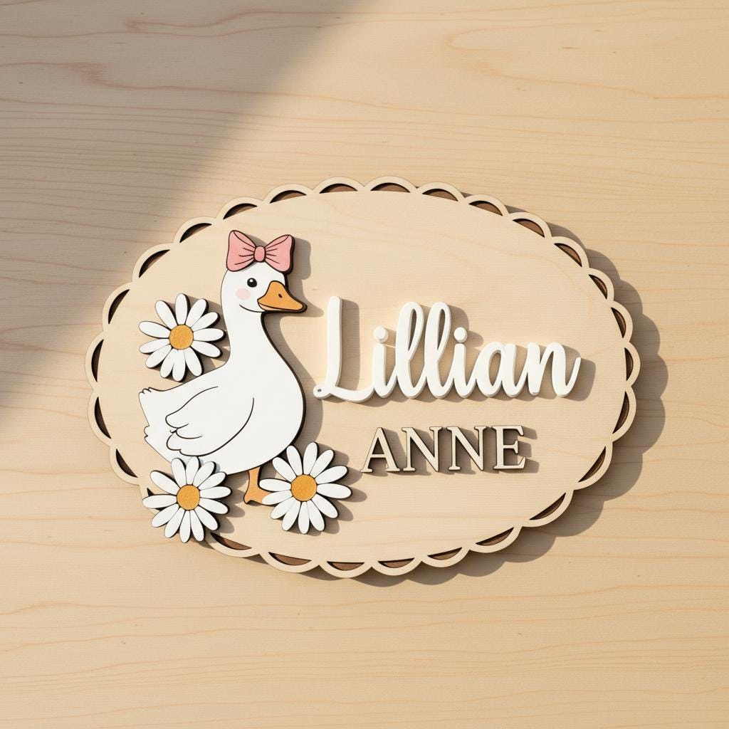 Personalized Baby Name Sign, Wooden Nursery Name Plaque with Goose, Custom Baby Girl Room Decor, Daisy Nursery Wall Decor, Baby Shower Gift