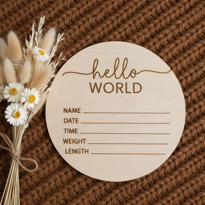 Hello World Baby Birth Announcement Sign, Personalized Wooden Newborn Keepsake