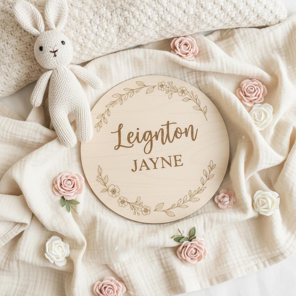 Personalized Wooden Baby Name Plaque, Round Nursery Name Announcement Sign