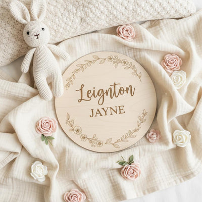 Personalized Wooden Baby Name Plaque, Round Nursery Name Announcement Sign