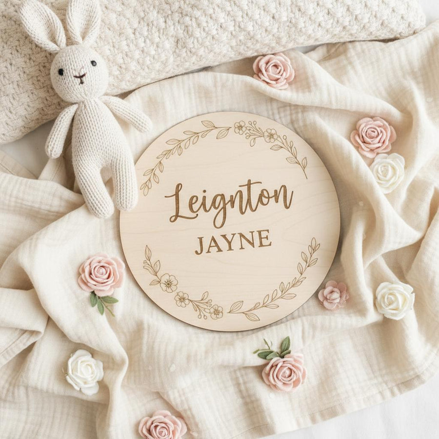 Personalized Wooden Baby Name Plaque, Round Nursery Name Announcement Sign