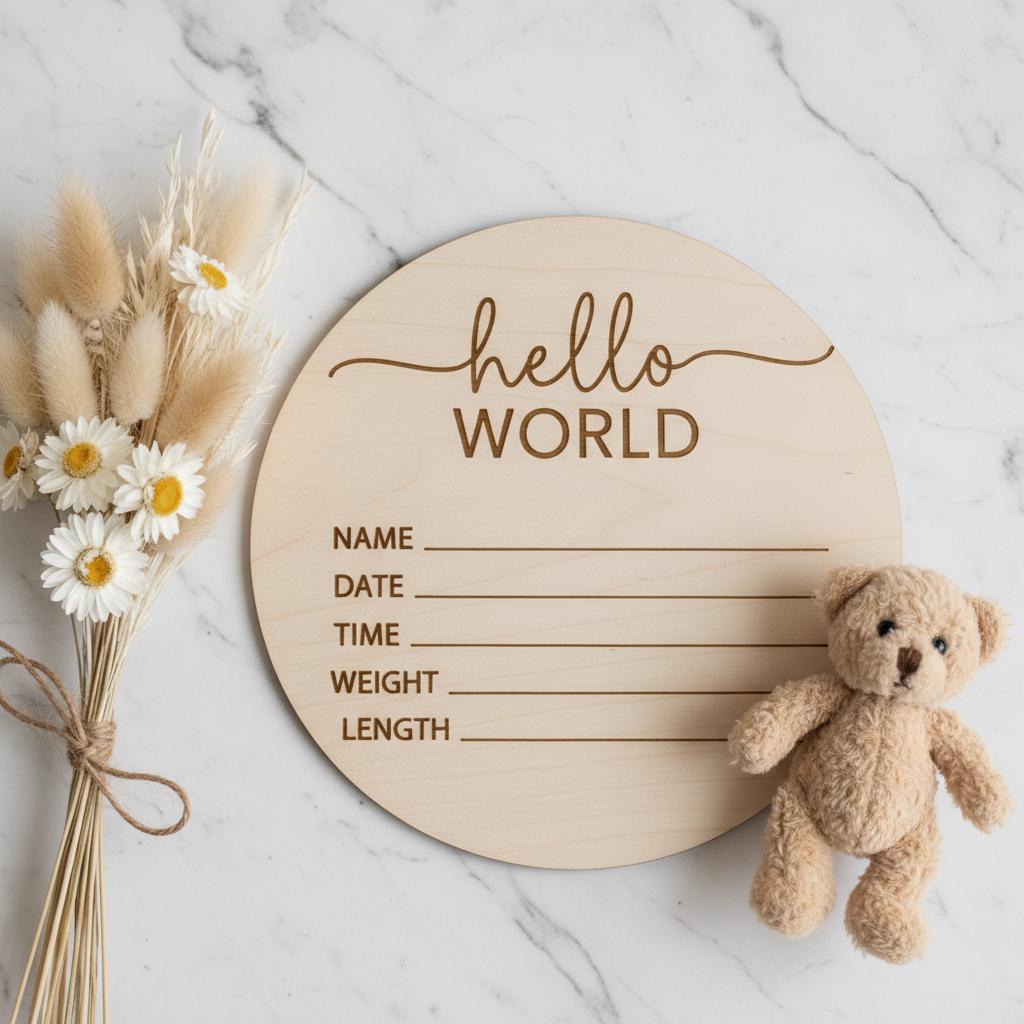 Hello World Baby Birth Announcement Sign, Personalized Wooden Newborn Keepsake