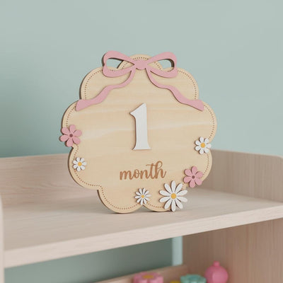 Floral Wooden Baby Milestone Sign with Numbers 1–12 Months