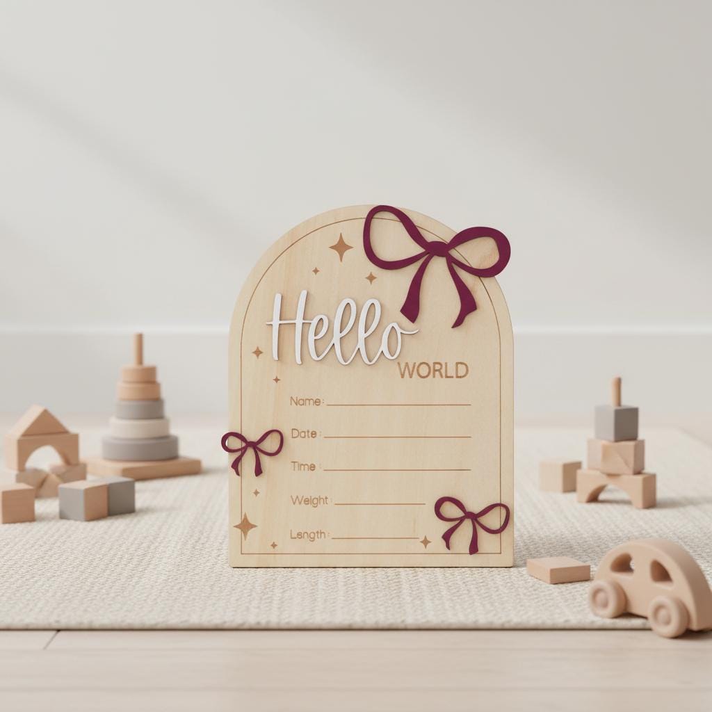 Hello World Wooden Baby Announcement Sign, Baby Keepsake Sign