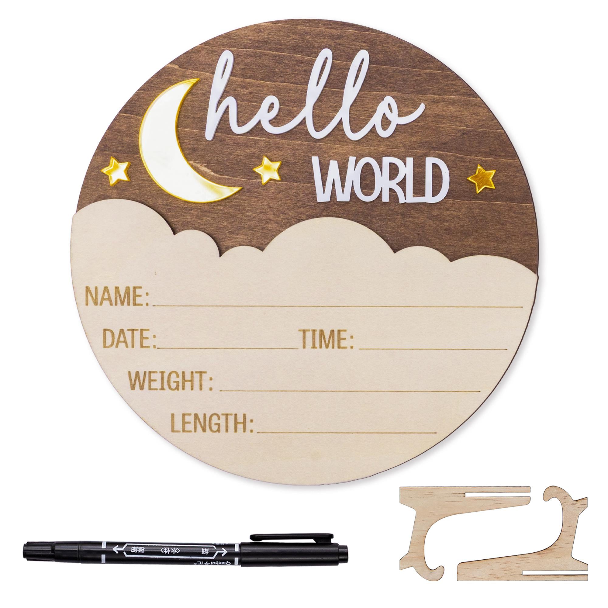 Personalized Hello World Sign, Wooden Birth Announcement Sign, Moon & Stars Baby Name Reveal, Baby Birth Stats Sign, Nursery Space Theme