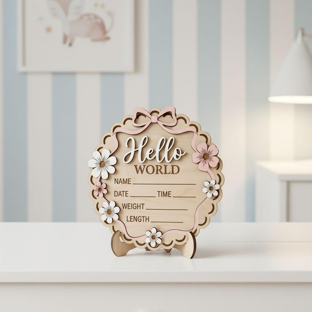3D Bow Birth Stats Sign for Girl | Daisy Flower Scalloped Wooden Plaque | Custom Ribbon Baby Announcement | Coquette Nursery Prop