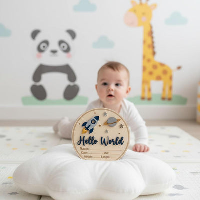Blue Rocket Birth Stats Sign for Hospital | Round Wooden Newborn Name Plaque | Custom Baby Boy Announcement | Space Nursery Decor