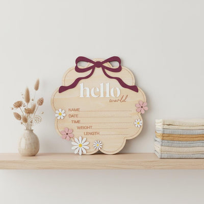 Berry Hello World Wooden Baby Birth Stats Sign Newborn Keepsake