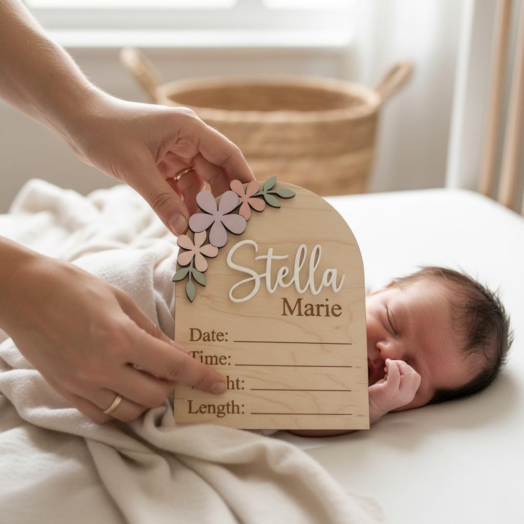 Pastel Floral Birth Stats Sign | Multi Style Arch or Scallop Wooden Plaque | 3D Name Baby Girl Announcement | Nursery Photo Prop
