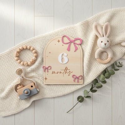 Wooden Baby Milestone Sign with Numbers 1–12 Months Pink Bow