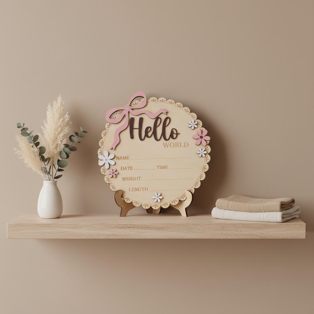 Wooden Baby Announcement Sign Hello World Floral Birth Details