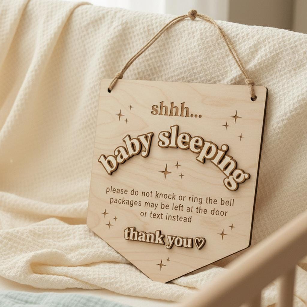 Baby Is Sleeping Delivery Sign | Shield Shape Wooden Door Hanger | 3D Wood Name Do Not Disturb | Front Porch Package Plaque