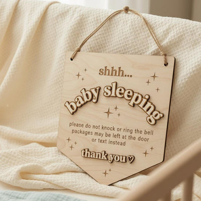 Baby Is Sleeping Delivery Sign | Shield Shape Wooden Door Hanger | 3D Wood Name Do Not Disturb | Front Porch Package Plaque