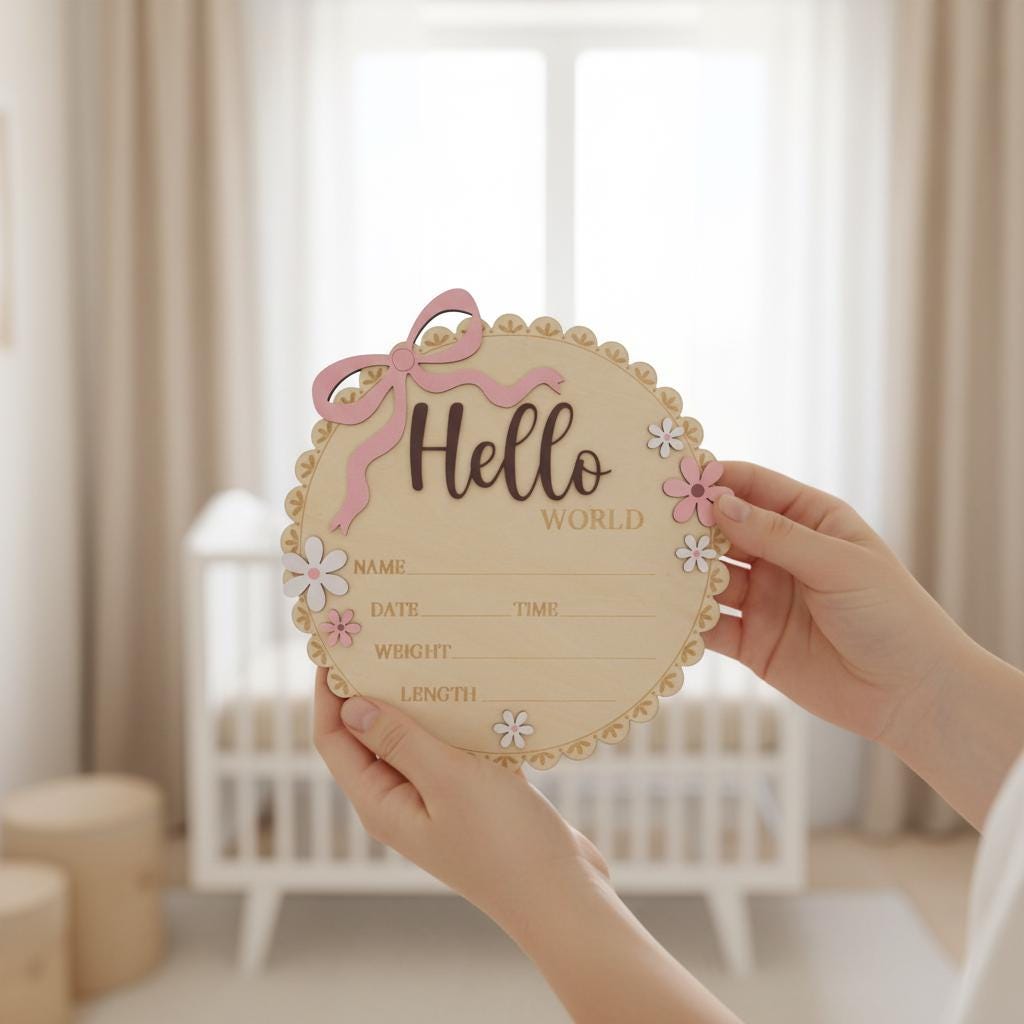 Wooden Baby Announcement Sign Hello World Floral Birth Details