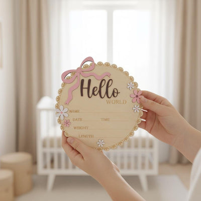 Wooden Baby Announcement Sign Hello World Floral Birth Details