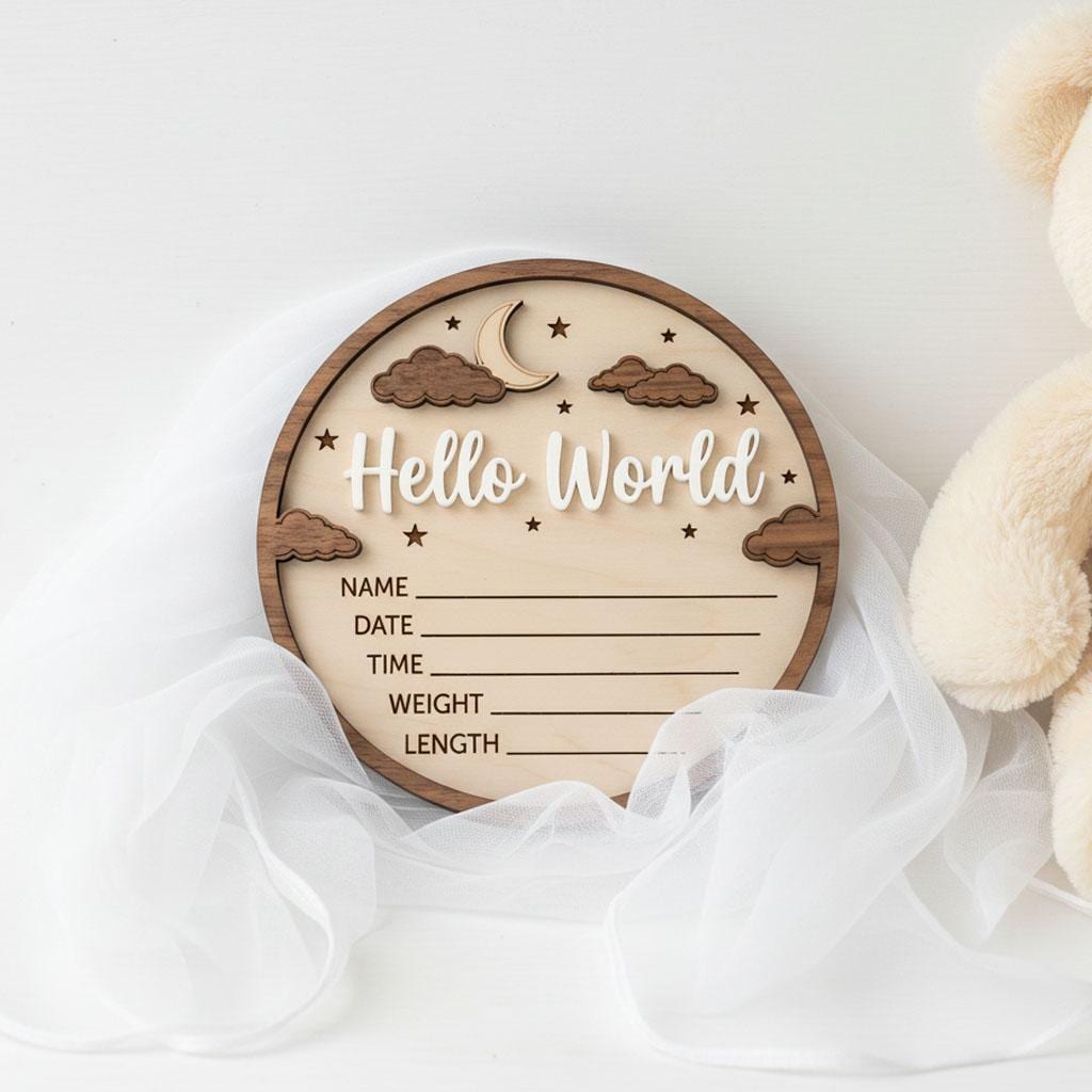 3D Moon Stars Birth Stats Sign | Walnut Frame Wood Baby Plaque | Acrylic Hello World Announcement | Neutral Nursery Decor