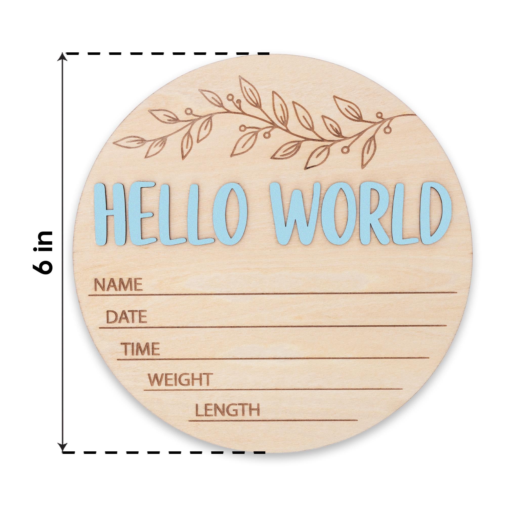 Blue Hello World Birth Stats Sign | 3D Botanical Leaf Wooden Plaque | Round Baby Boy Announcement Disc | Nursery Prop | Baby Shower Gift