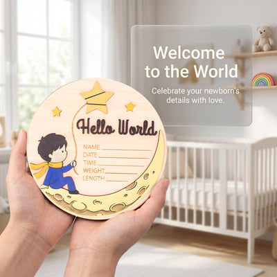 Little Prince Birth Stats Sign | 3D Moon and Stars Wooden Plaque | Hello World Newborn Announcement | Storybook Photo Prop | Baby Boy Gift