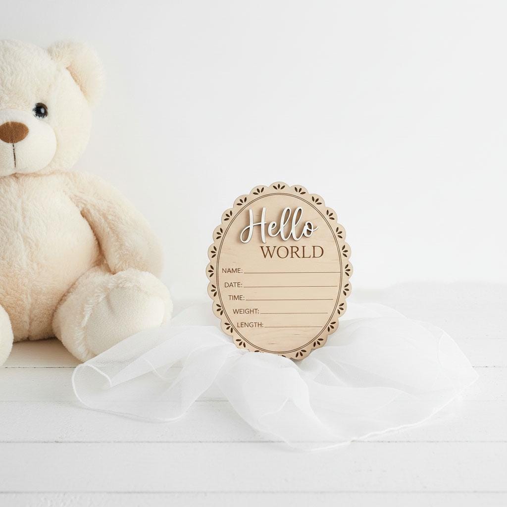 Scalloped Edge Birth Stats Sign | Oval Wooden Baby Plaque | 3D Acrylic Hello World Announcement | Vintage Girl Nursery Prop