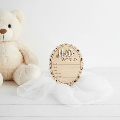 Scalloped Edge Birth Stats Sign | Oval Wooden Baby Plaque | 3D Acrylic Hello World Announcement | Vintage Girl Nursery Prop