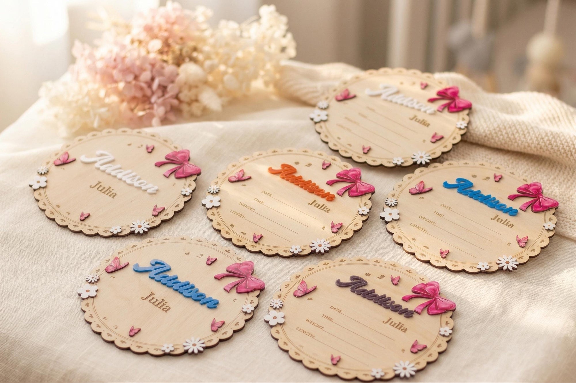 Personalized Round Baby Name Sign for Nursery Scalloped Birth Announcement Sign Custom Wood Plaque Girl Bow Baby Shower Gift