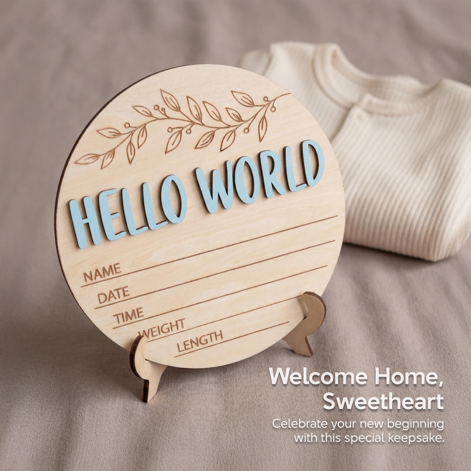 Blue Hello World Birth Stats Sign | 3D Botanical Leaf Wooden Plaque | Round Baby Boy Announcement Disc | Nursery Prop | Baby Shower Gift