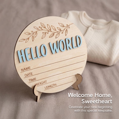 Blue Hello World Birth Stats Sign | 3D Botanical Leaf Wooden Plaque | Round Baby Boy Announcement Disc | Nursery Prop | Baby Shower Gift