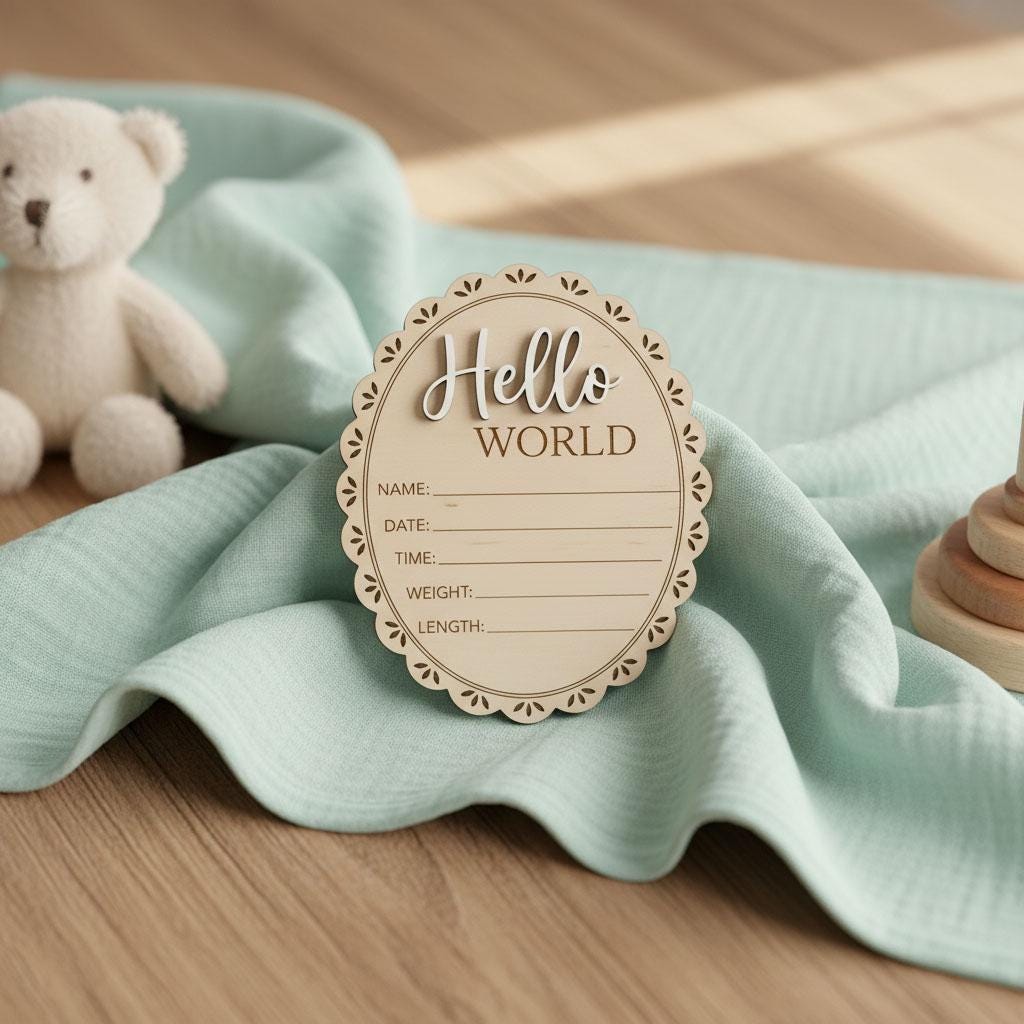 Scalloped Edge Birth Stats Sign | Oval Wooden Baby Plaque | 3D Acrylic Hello World Announcement | Vintage Girl Nursery Prop