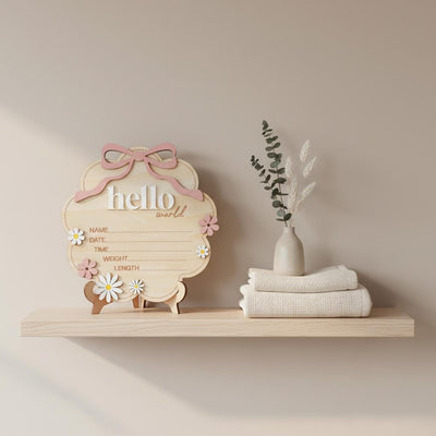 Floral Hello World Baby Birth Sign Wooden Newborn Photo Keepsake