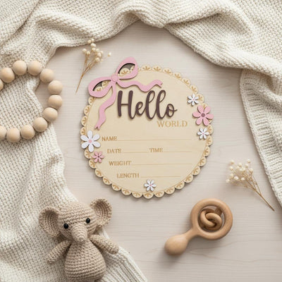 Wooden Baby Announcement Sign Hello World Floral Birth Details