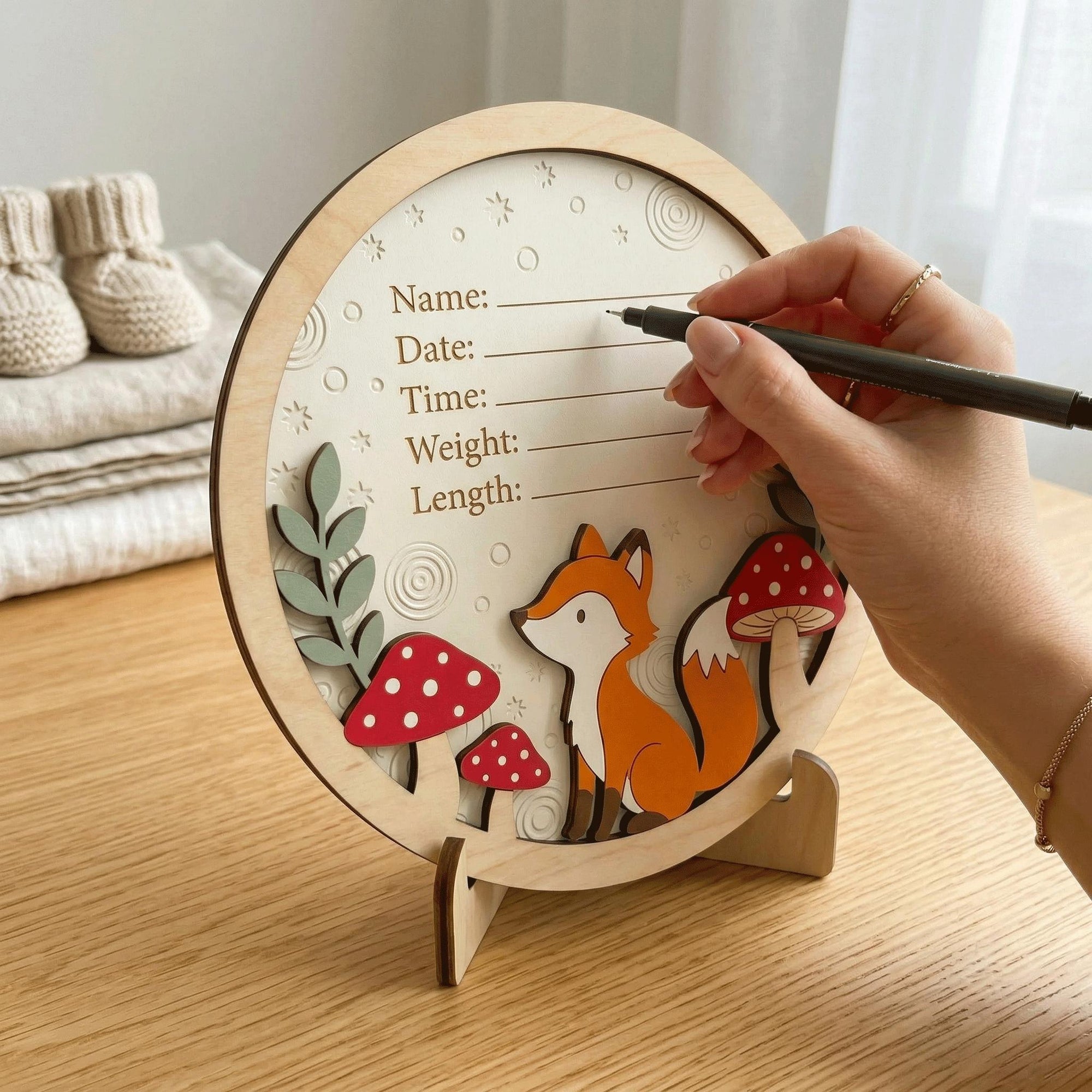 Woodland Fox Birth Stats Sign | Mushroom 3D Wooden Newborn Plaque | Custom Forest Baby Announcement | Neutral Nursery Decor