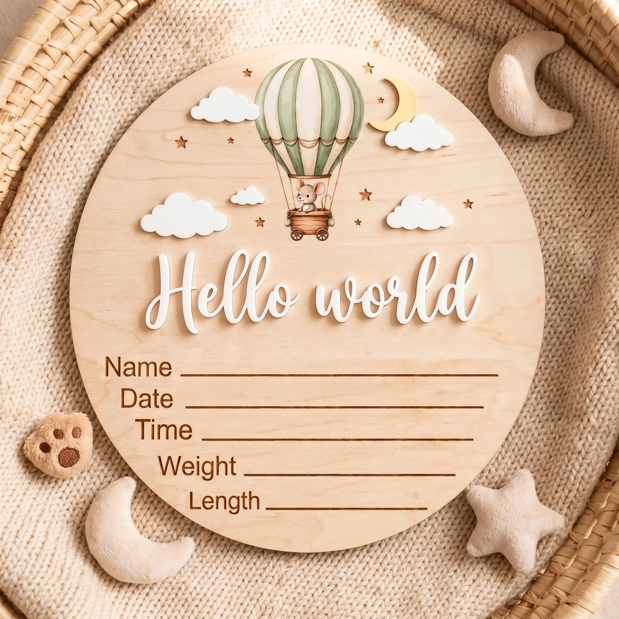 Hot Air Balloon Birth Stats Sign | 3D Mouse Wooden Baby Plaque | Acrylic Hello World Announcement | Neutral Adventure Prop