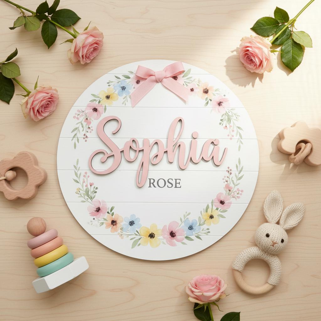 Personalized Baby Name Wood Sign, Floral Nursery Wall Decor