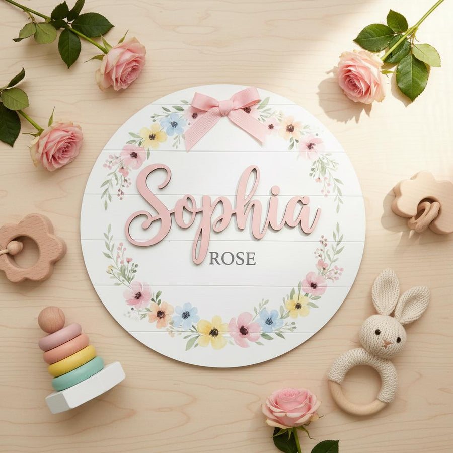 Personalized Baby Name Wood Sign, Floral Nursery Wall Decor