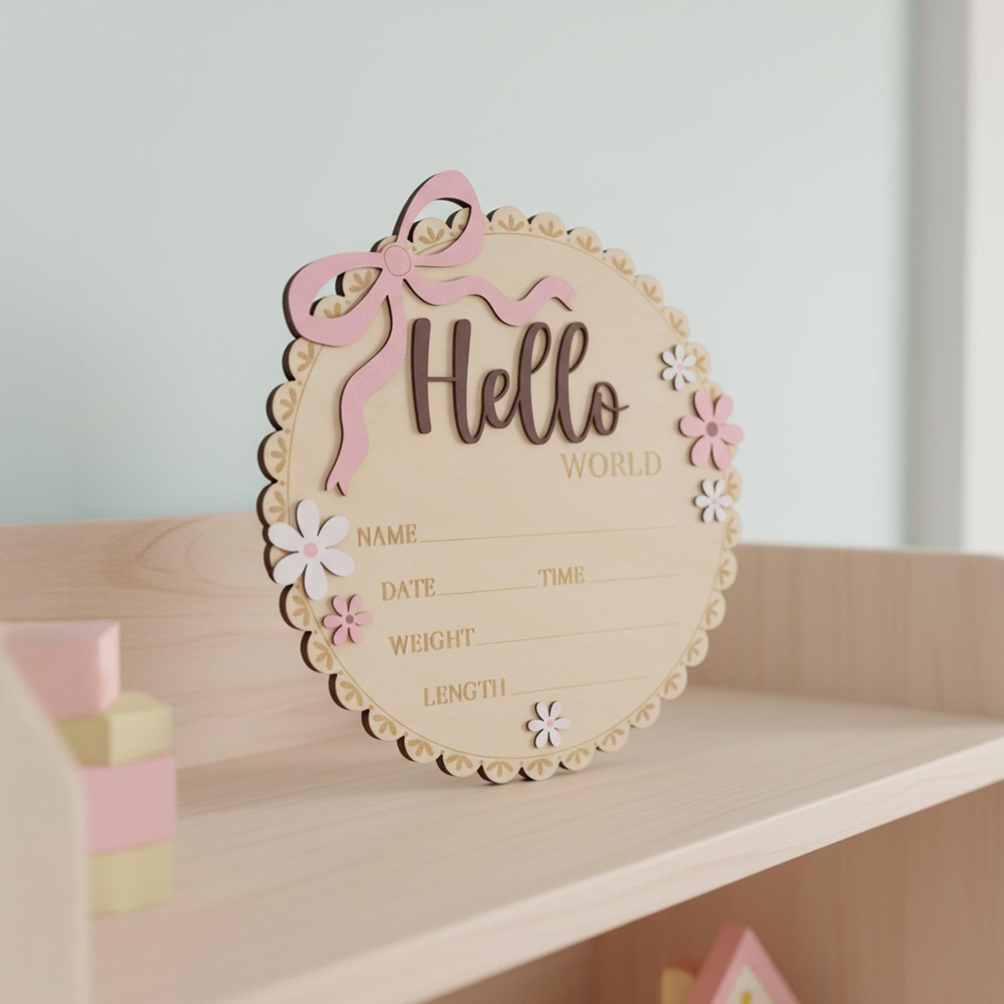 Wooden Baby Announcement Sign Hello World Floral Birth Details