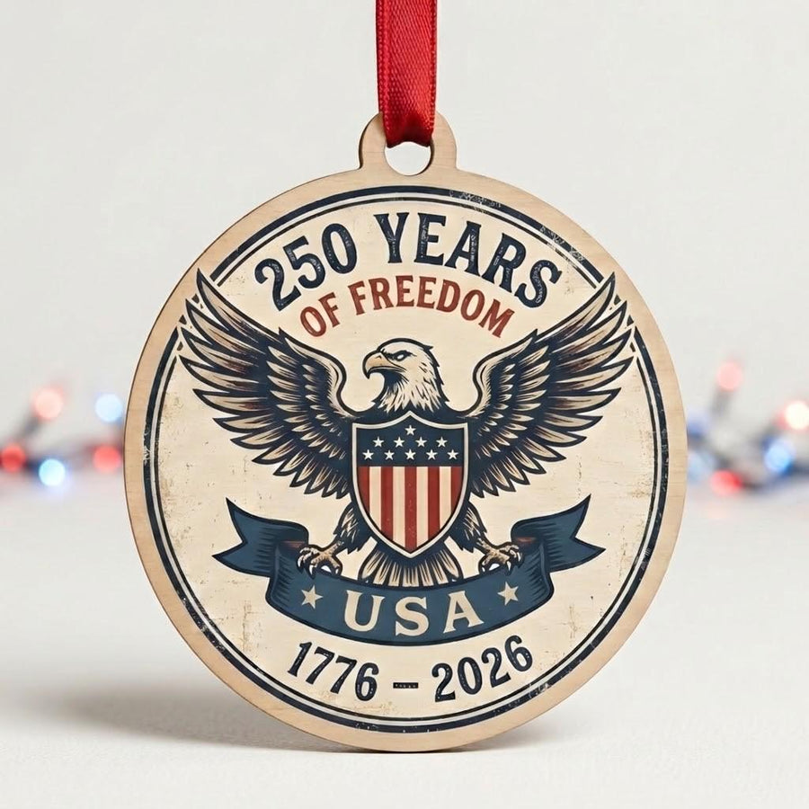 USA 250th Wood Ornament, Freedom For 250 Years, Rustic Eagle Emblem 1776-2026, Semiquincentennial Keepsake, Patriotic Gift