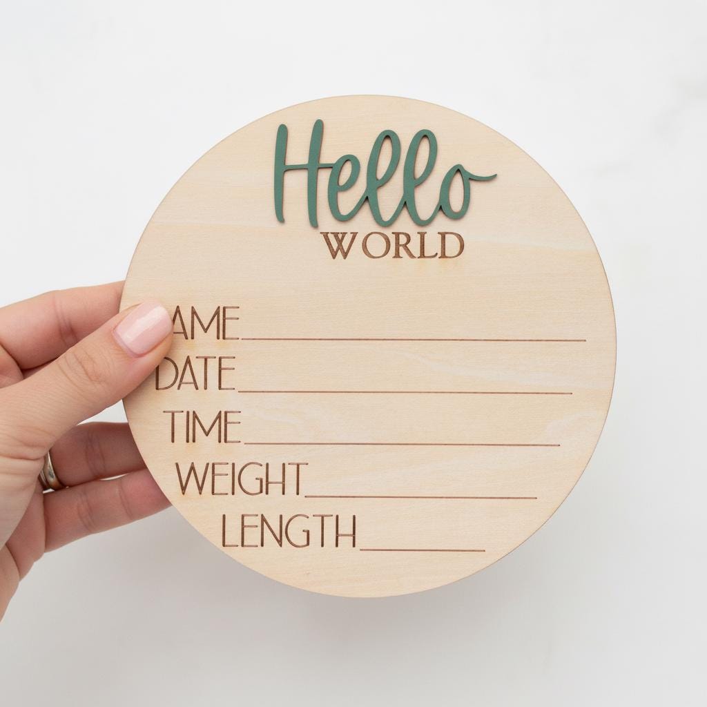 Newborn Hospital Baby Sign Hello World Wooden Birth Stats Photo Prop