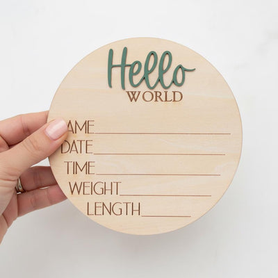 Newborn Hospital Baby Sign Hello World Wooden Birth Stats Photo Prop