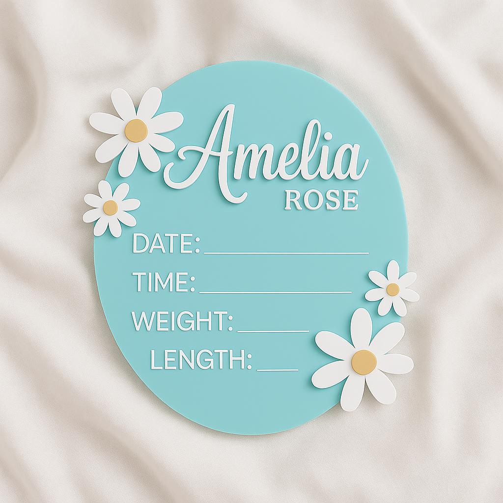 Acrylic Baby Announcement Sign: 3D Daisy, Pastel Pink or Mint